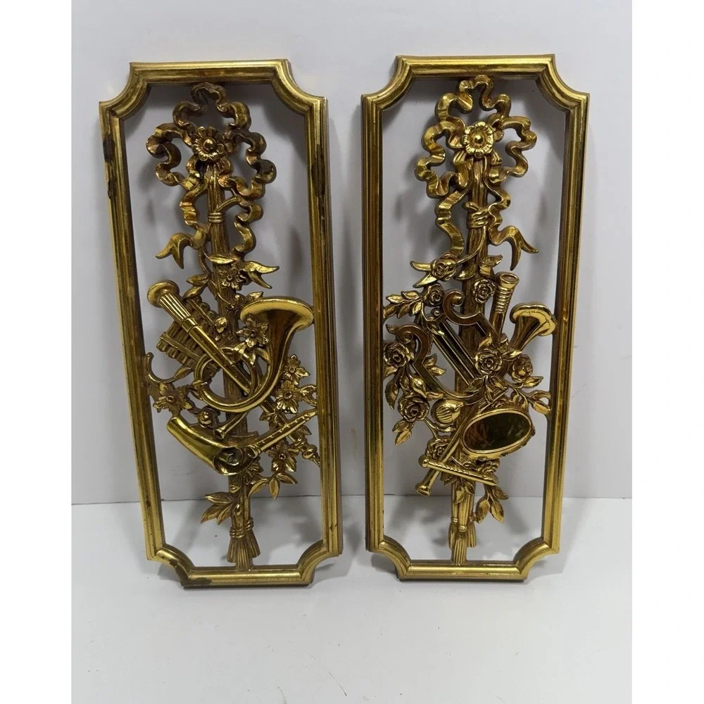 2 Syroco Homco Gold Musical Instrument Wall Plaques 4863A 1964 Vintage Mid Mod